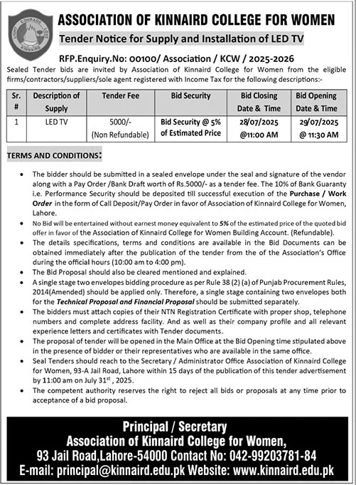 Association of Kinnaird College For Women Lahore Tender Notice-1